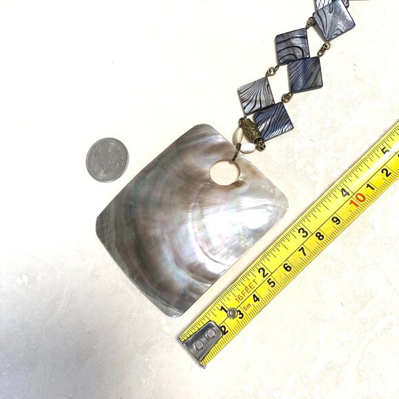 Rainbow Abalone Pendant & Dark Blue Mother of Pearl Bronze Link Long Necklace - Picture 13 of 15
